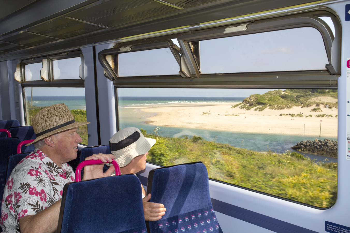 Couple looking out the train window at the golden sands