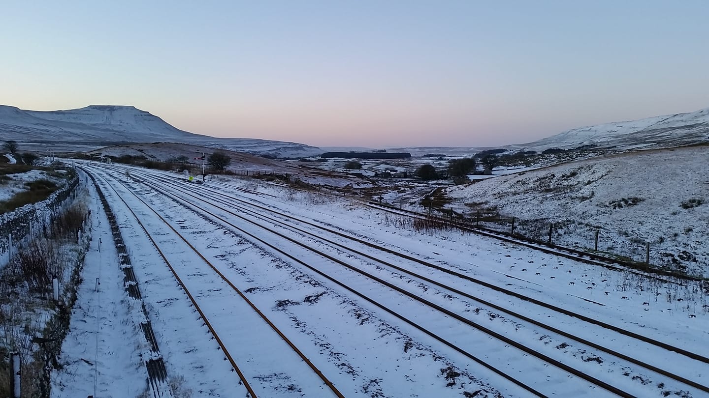 Blea Moor tracks covering in snow with winter landscapes surrounding it