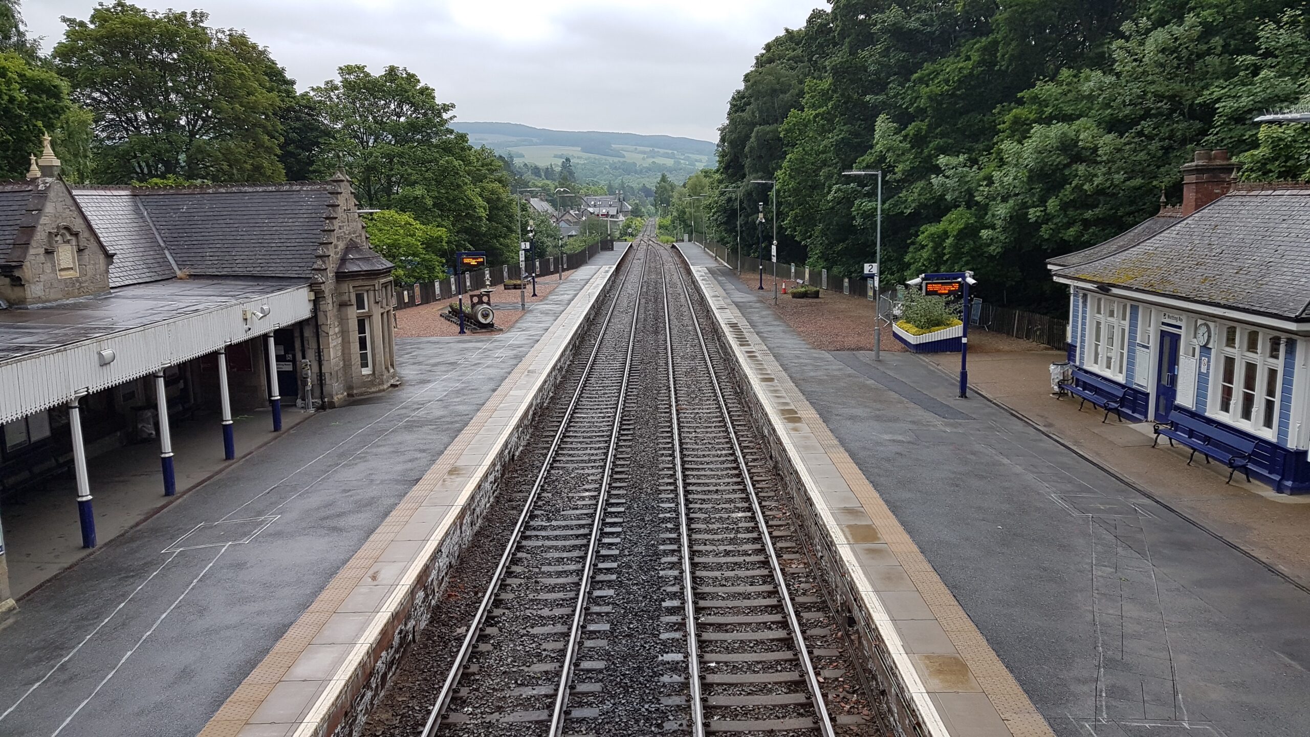 ScotRail Train travelling on the Horseshoe Viaduct along the Highland Line, Scotland