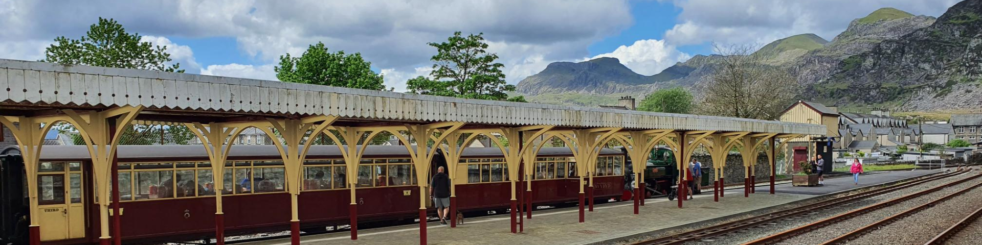 Railway station with ornate structures at Blaenau Ffestiniog Conwy Valley