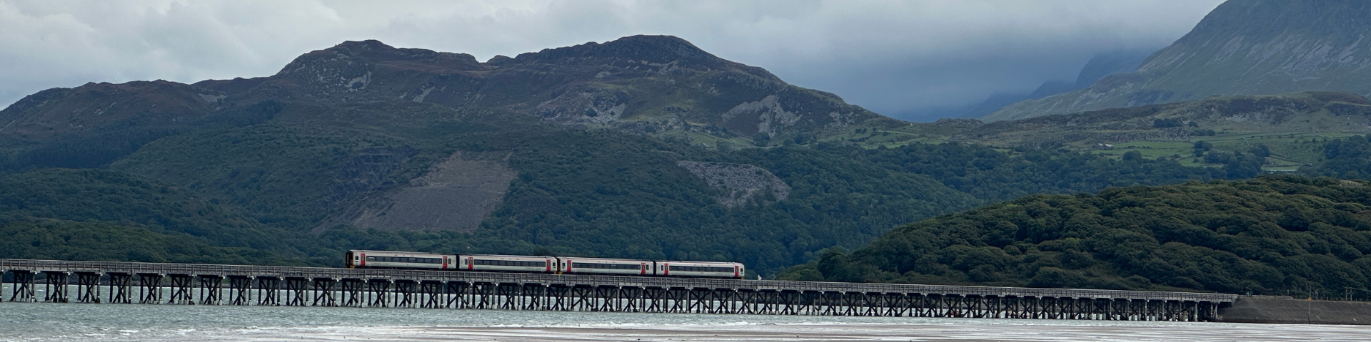 Train travelling across viaduct with mountains behind