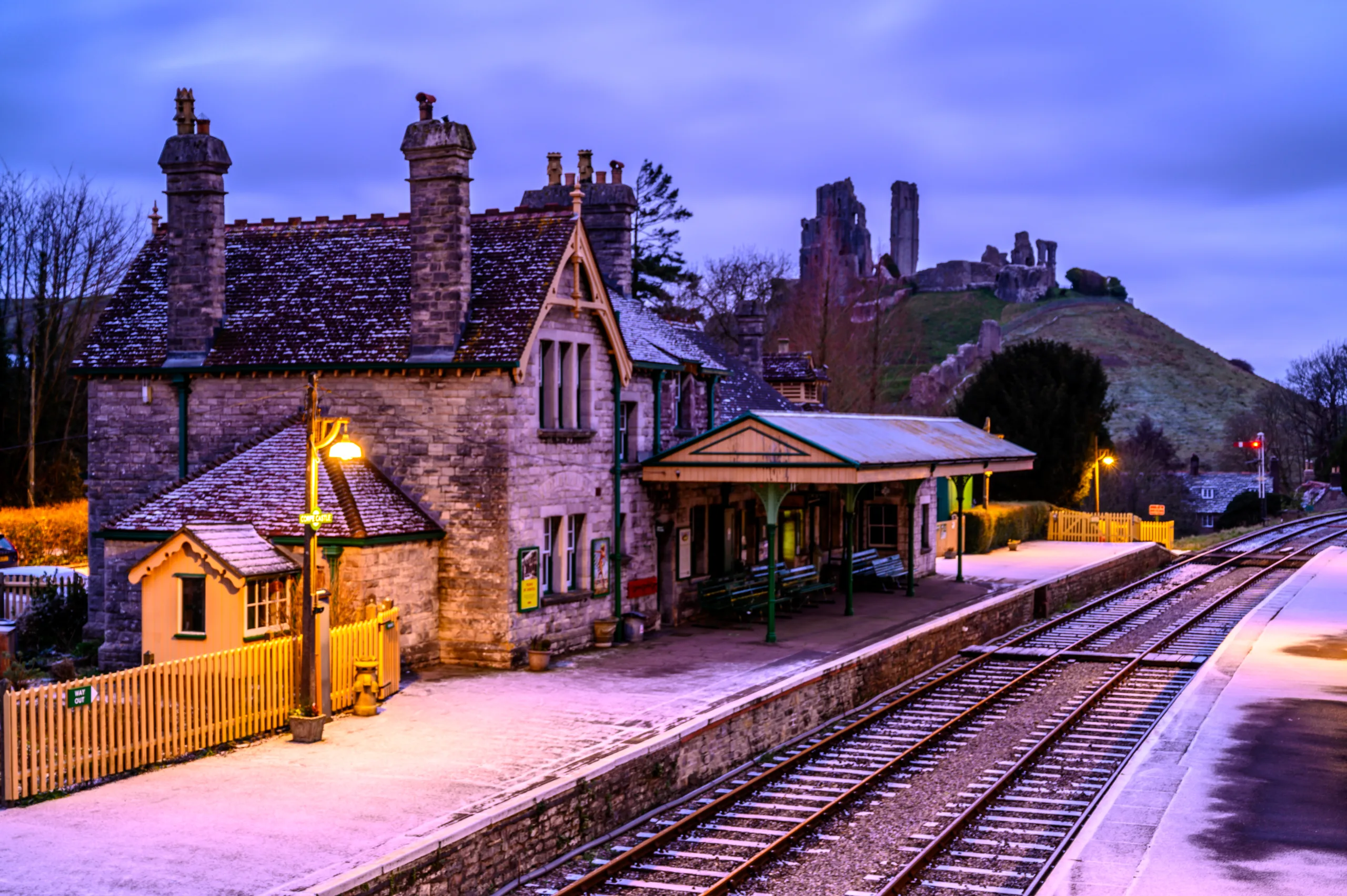 Corfe Castle Railway Station, Dorset in the snow | Scenic Rail in Winter