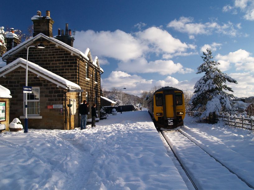 Esk Valley Railway, train at rail station looking scenic in winter snow