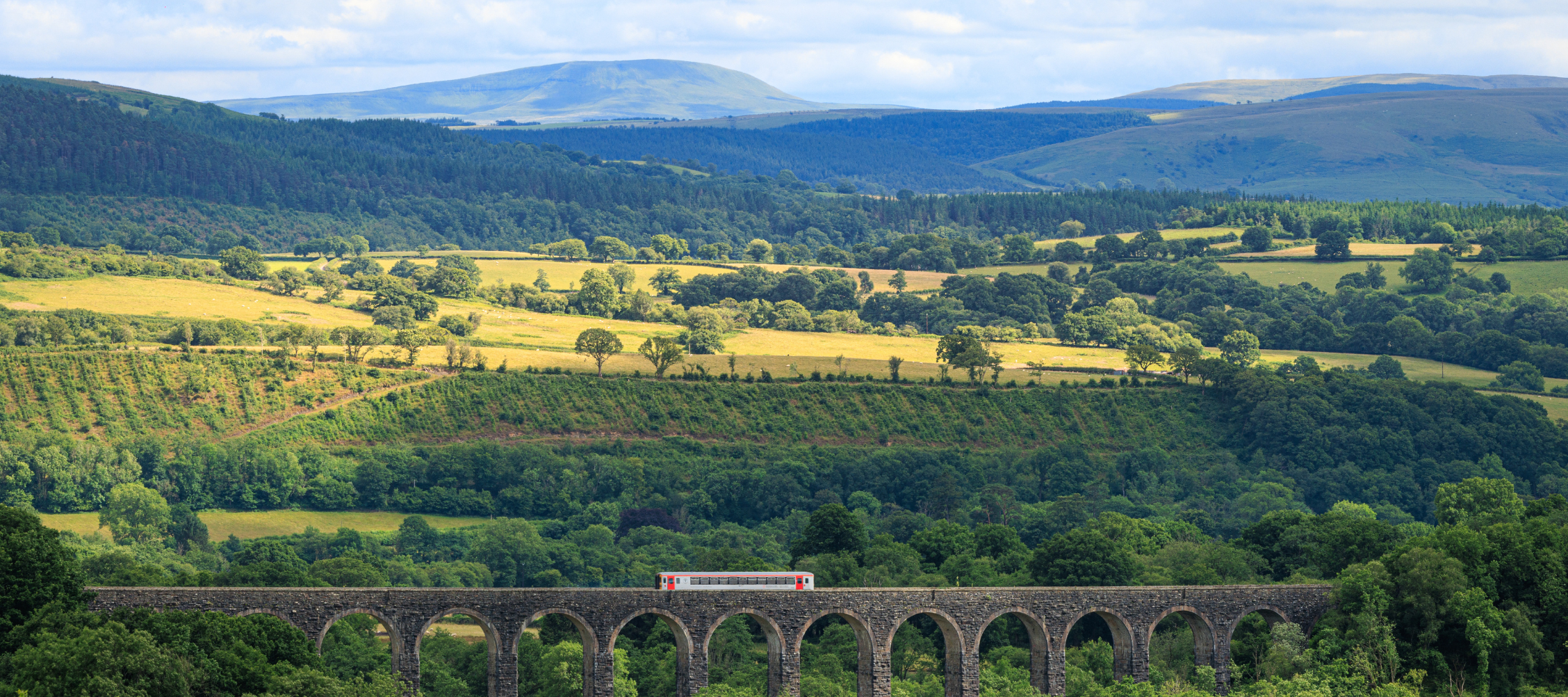 Train travelling across viaduct surrounded by lush green Welsh countryside.