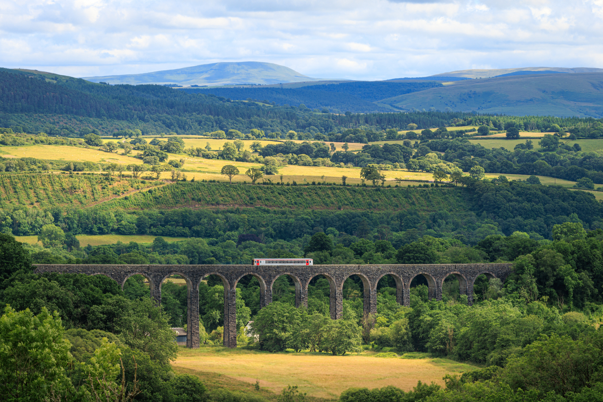 Lush Welsh countryside surrounds a viaduct with a single carriage train travelling along