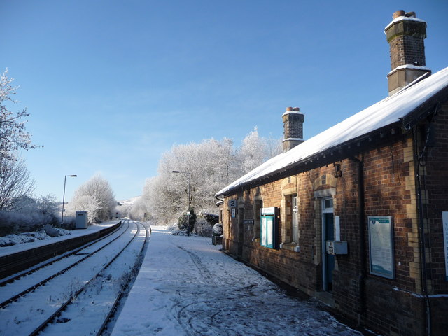 Llanwrtyd Wells station with a dusting of snow and blue winter sky