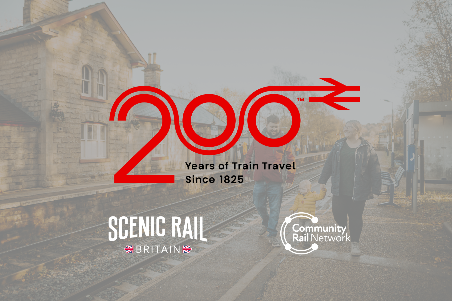 Railway 200 logo with Scenic Rail Britain and Community Rail Network logo