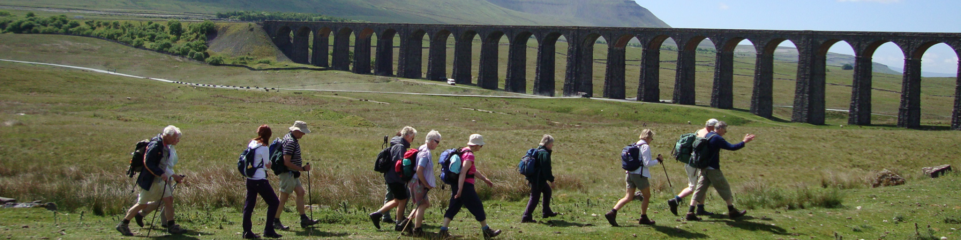 People walking across the countryside with Ribblehead viaduct in the background