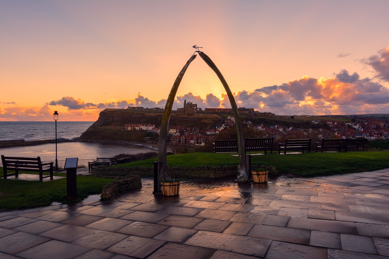 View of Whitby town, harbour and abbey from between the whale bones