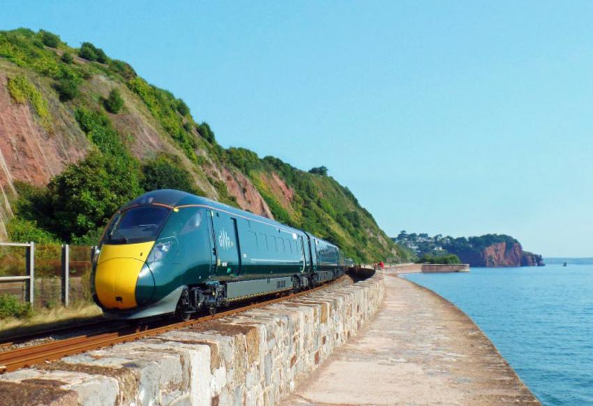 Train en route to Plymouth with views out to sea on the Devon coast