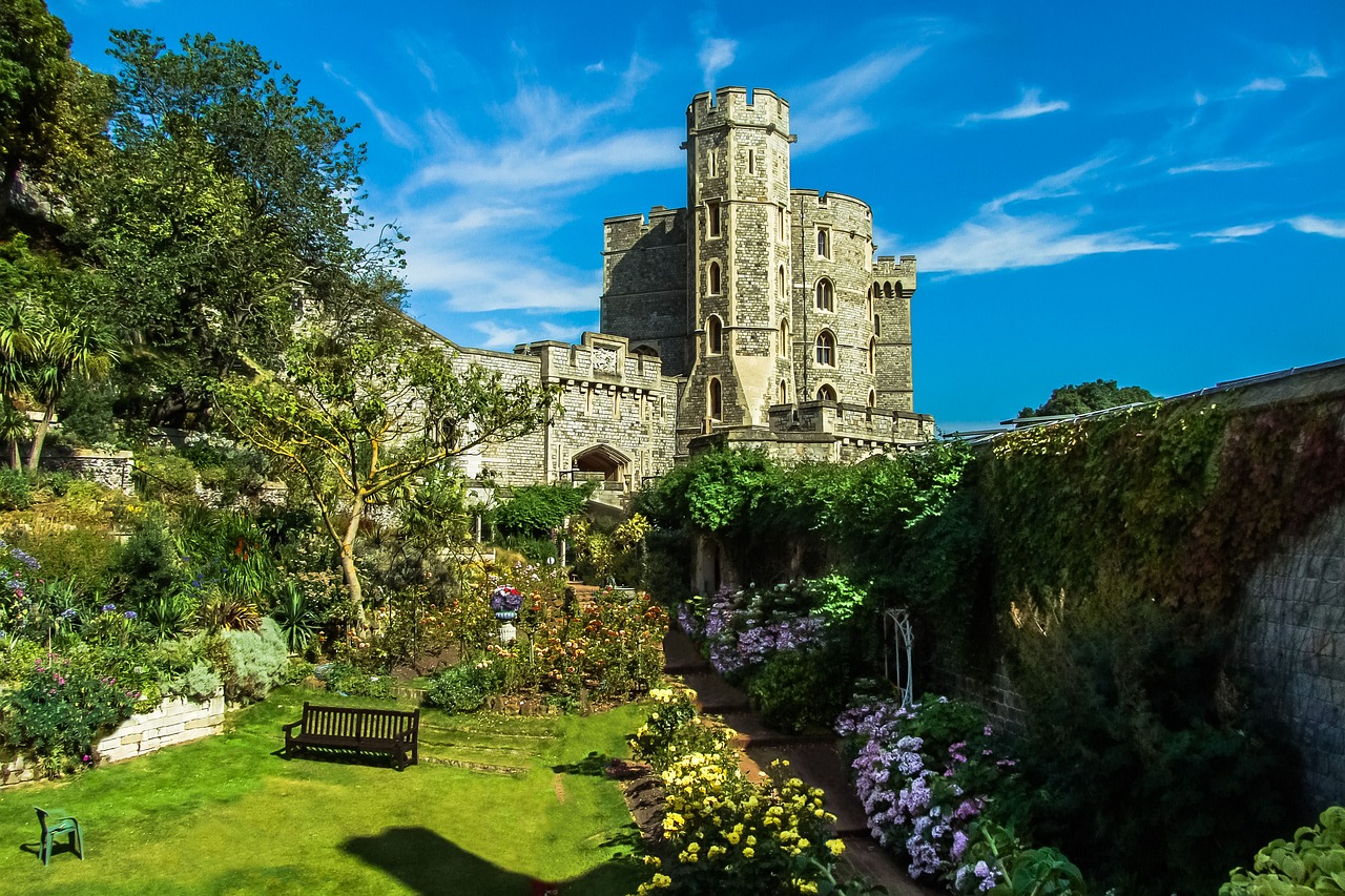 Garden in full bloom in front of WIndsor Castle along the Windsor to Reading line