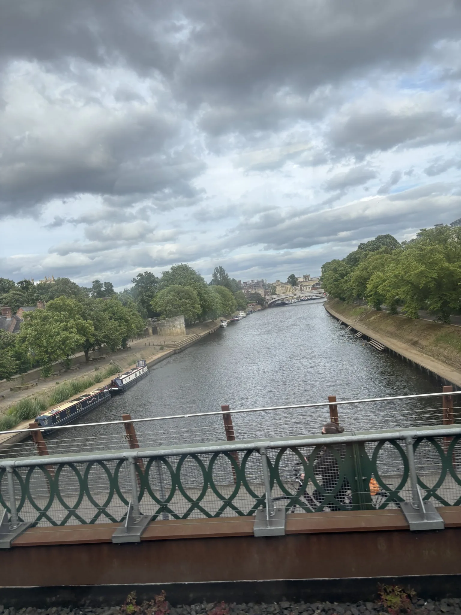 View of river and lush green tree-lined banks