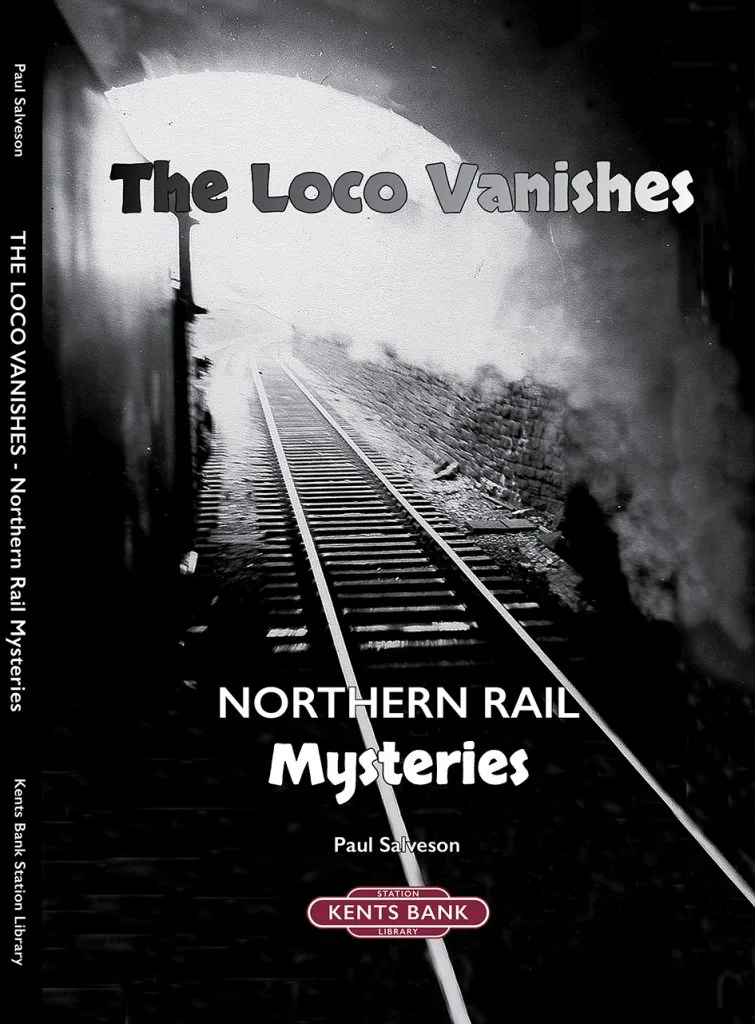 Black and white book cover of The Loco Vanishes with image of railway tracks in a tunnel | Halloween special