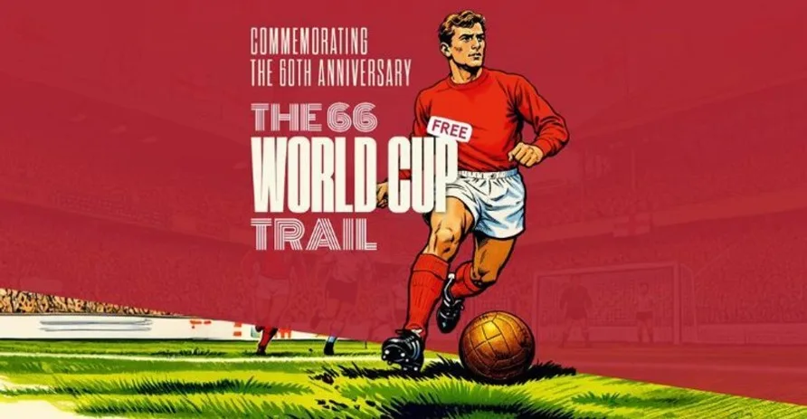 A red background with a cartoon-style footballer. Text on the graphic says The 66 World Cup Trail.