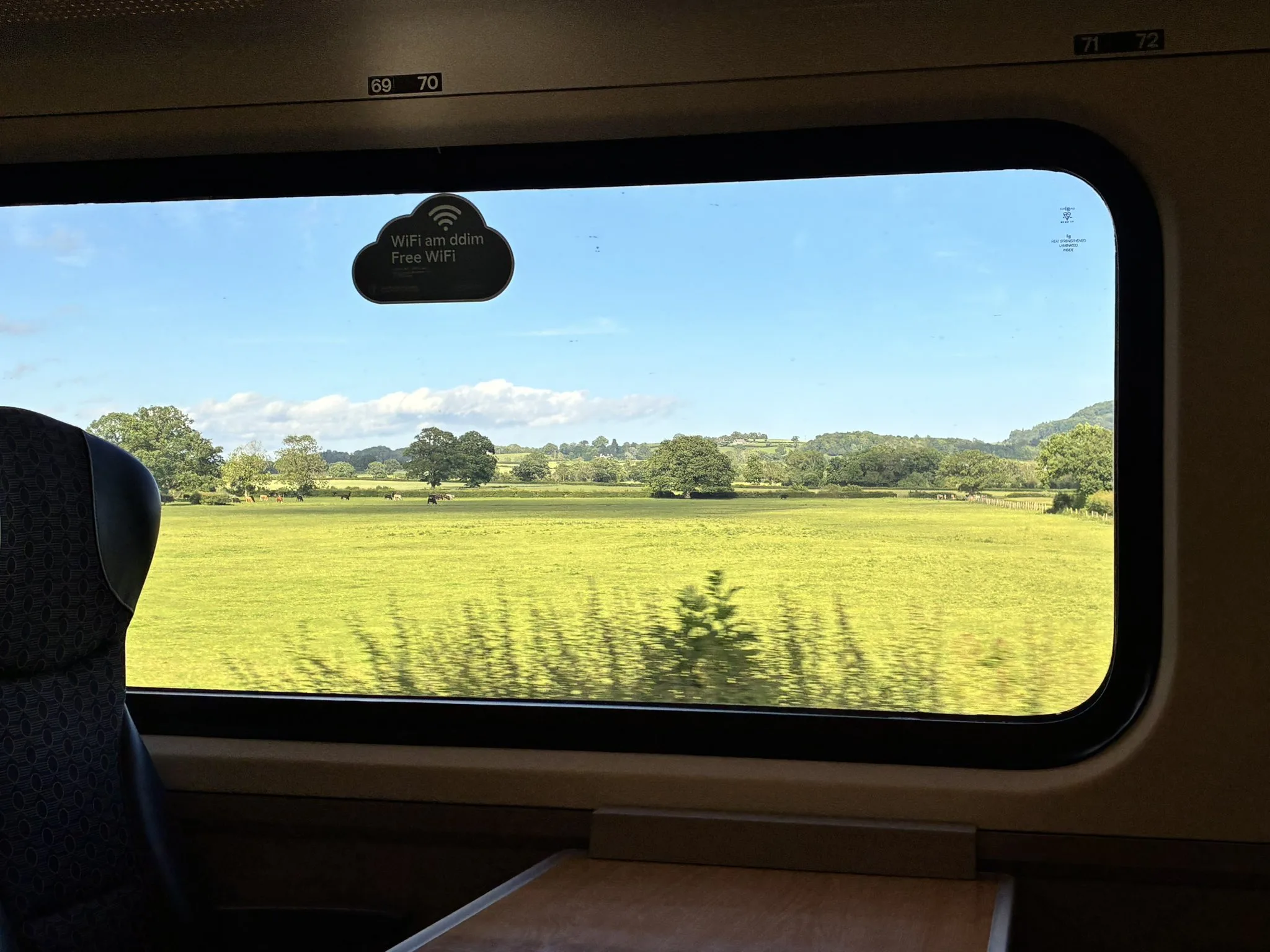 Framed by the train window this view is of lush green countryside with trees and blue sky #scenicrailview