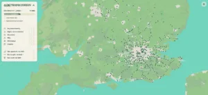 Image showing a screenshot of the Trains2Green homepage, complete with map of walks and key features.