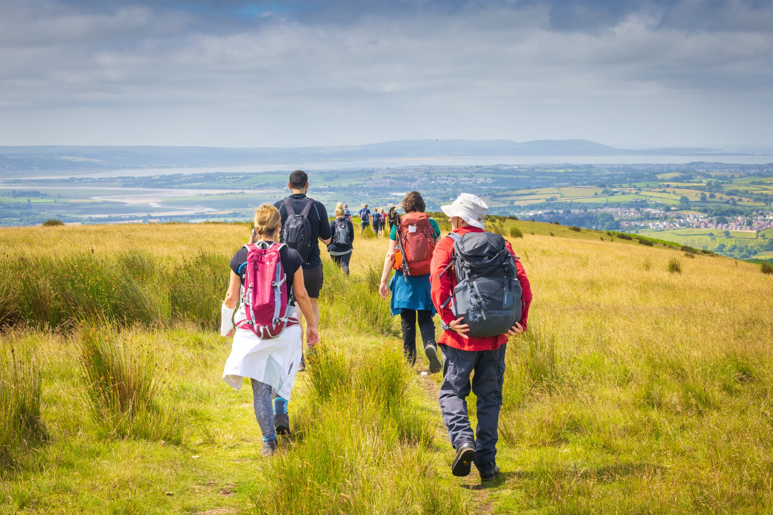 A group of people walking through golden grassland. in the distance the panoramic view of Welsh countryside stretches out towards the horizon. Nature near the station | Tracks and Trails